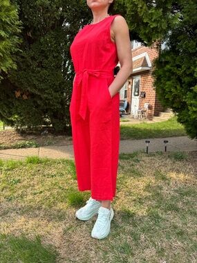 For Cynthia Vibrant Red linen Sleeveless Belted Jumpsuit size s